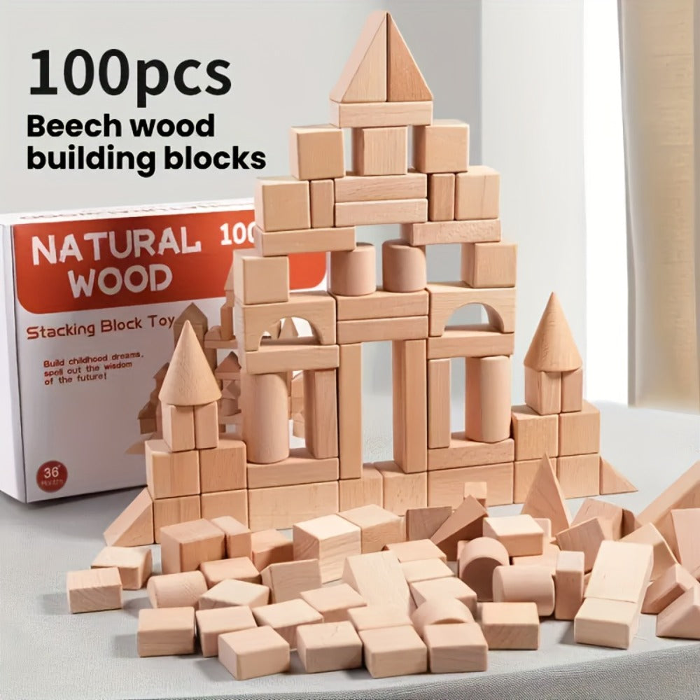 Natural Beech Wood Blocks 100 Piece Unpainted Solid Wooden Building Set, STEM Logical Thinking Toy for Kids Ages 3-12 — image