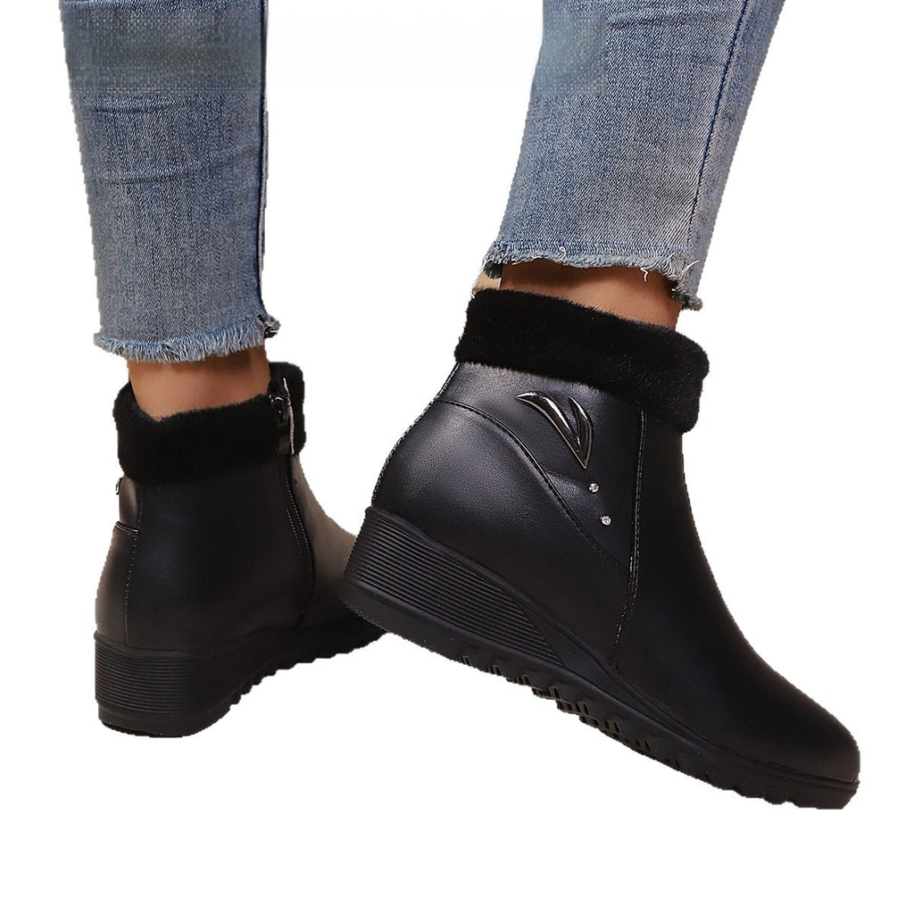 Women's Low Heel Round Toe Plus Fleece Side Zipper Boots
