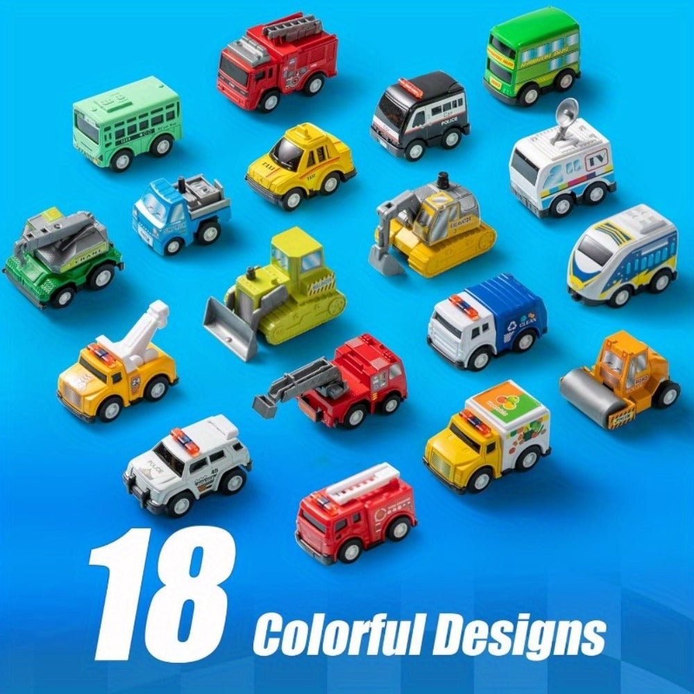 18-Piece Pull Back Mini Cars Set for Kids, City Vehicles Fire Truck Police Car School Bus Freight Train — image 2