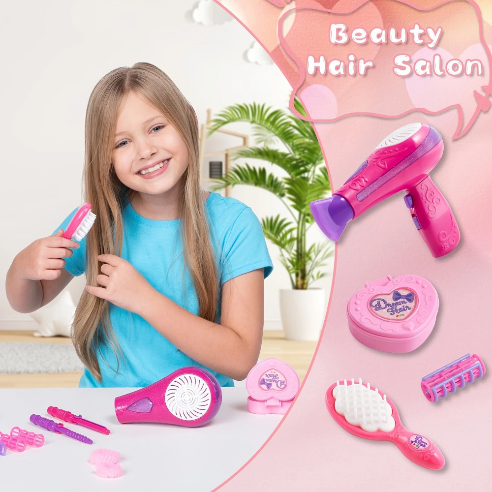 Girls Beauty Salon Toy Set 17 PCS, Pretend Play Hair Stylist Kit with Working Hairdryer Mirror Curling Wands Combs Clips & Je