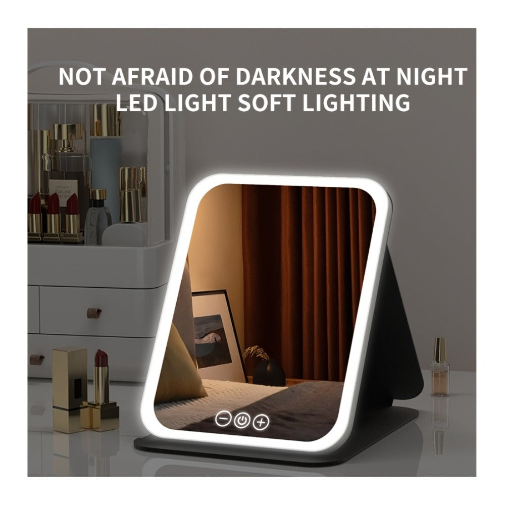 Makeup Mirror Foldable LED Travel Stand with Three Light Colors, Touch Dimming, USB Charging and Pink or White Options — imag