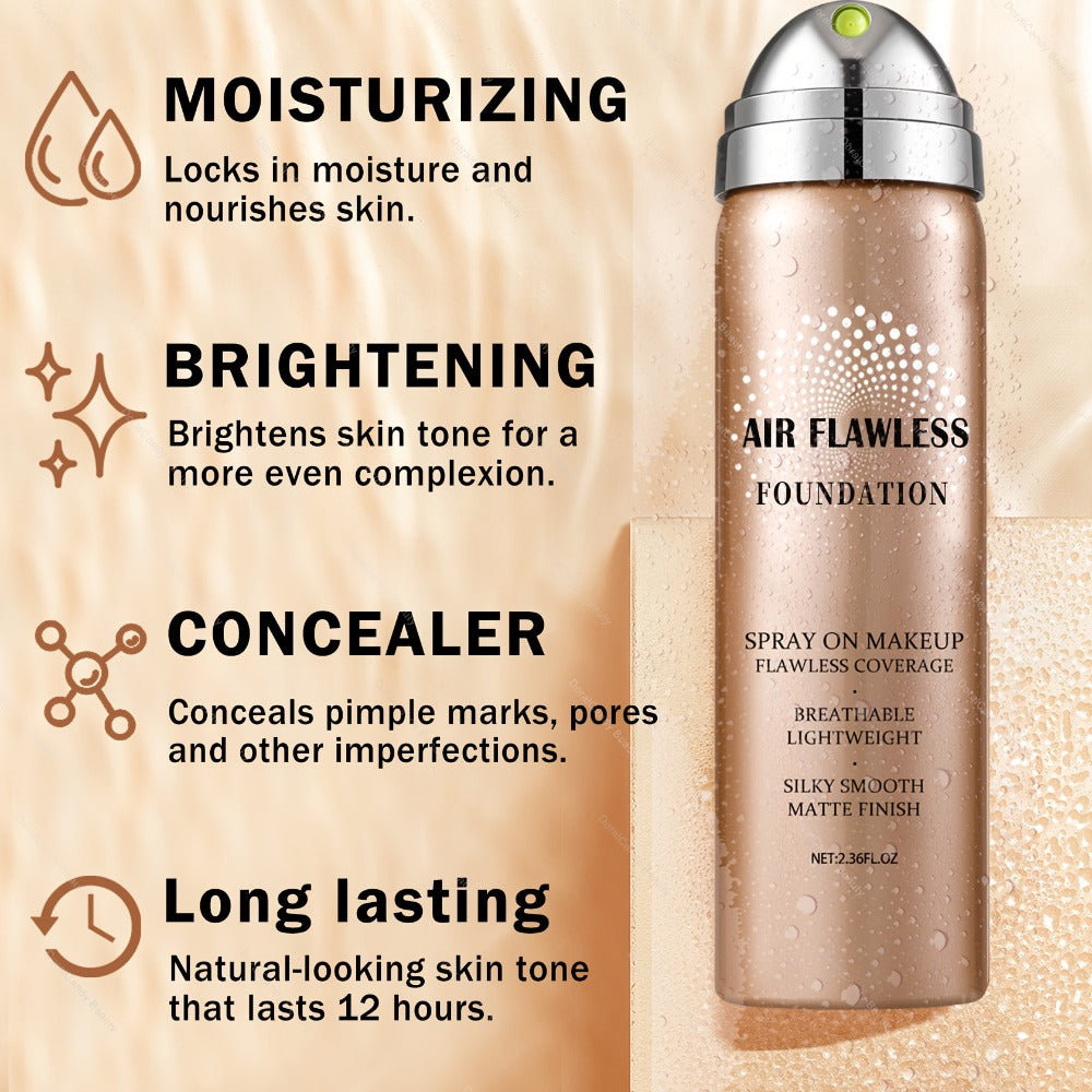Full Coverage Liquid Foundation Airspray Kit Buildable Formula 6 Shades – Natural Beige Nude Porcelain Tan Medium Natural Sat