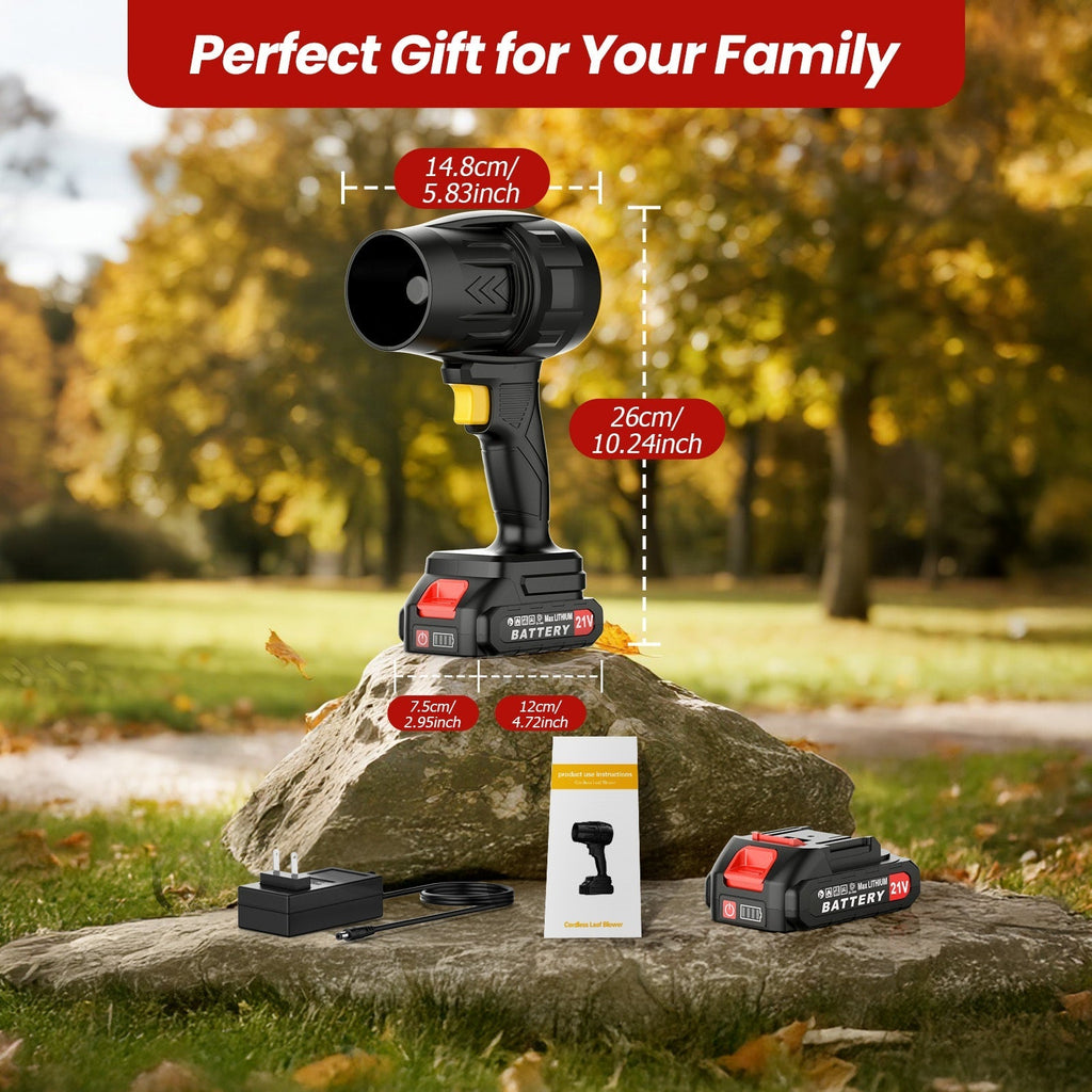 21V Cordless Leaf Blower in Black with 40, 000 RPM Marking, Two Battery Packs, Charger Cable and Nozzle Pieces — image 2