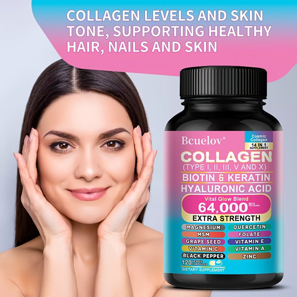 Collagen Capsules Types I II III V X with Biotin Keratin Hyaluronic Acid, Supports Skin Elasticity Hair Growth & Nail Strengt