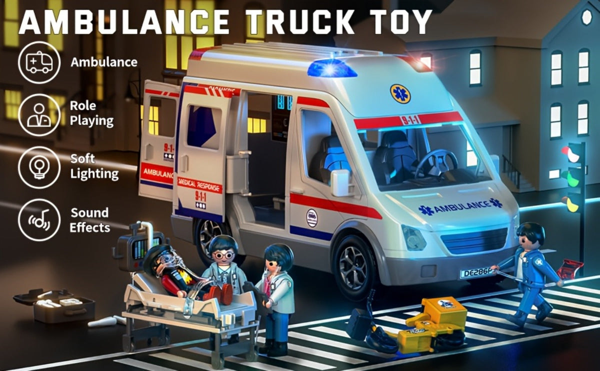 Ambulance Toy Playset for Kids Ages 3-8, Realistic Friction-Powered Emergency Vehicle with Flashing Lights & Siren Sound — im