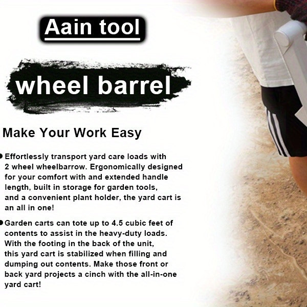 Wheelbarrow 2-Wheel Yard Cart, Push Pull Design with 9-Inch Solid Wheels, Trash & Garden Cart, Gray — image 5