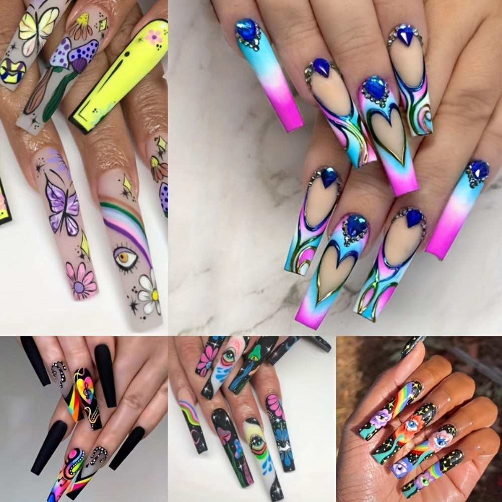 120-Piece Extra-Long Press On Nails Set in Five Boxes with Cosmic and Floral Designs — image 1