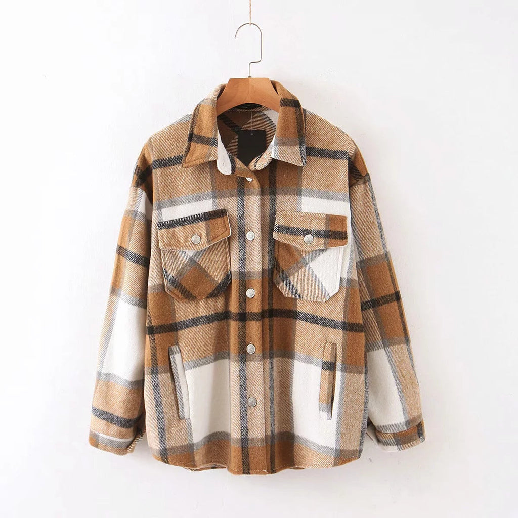 Casual Plaid Shirt Women Tweed Coat Buttons Pockets Female Jacket