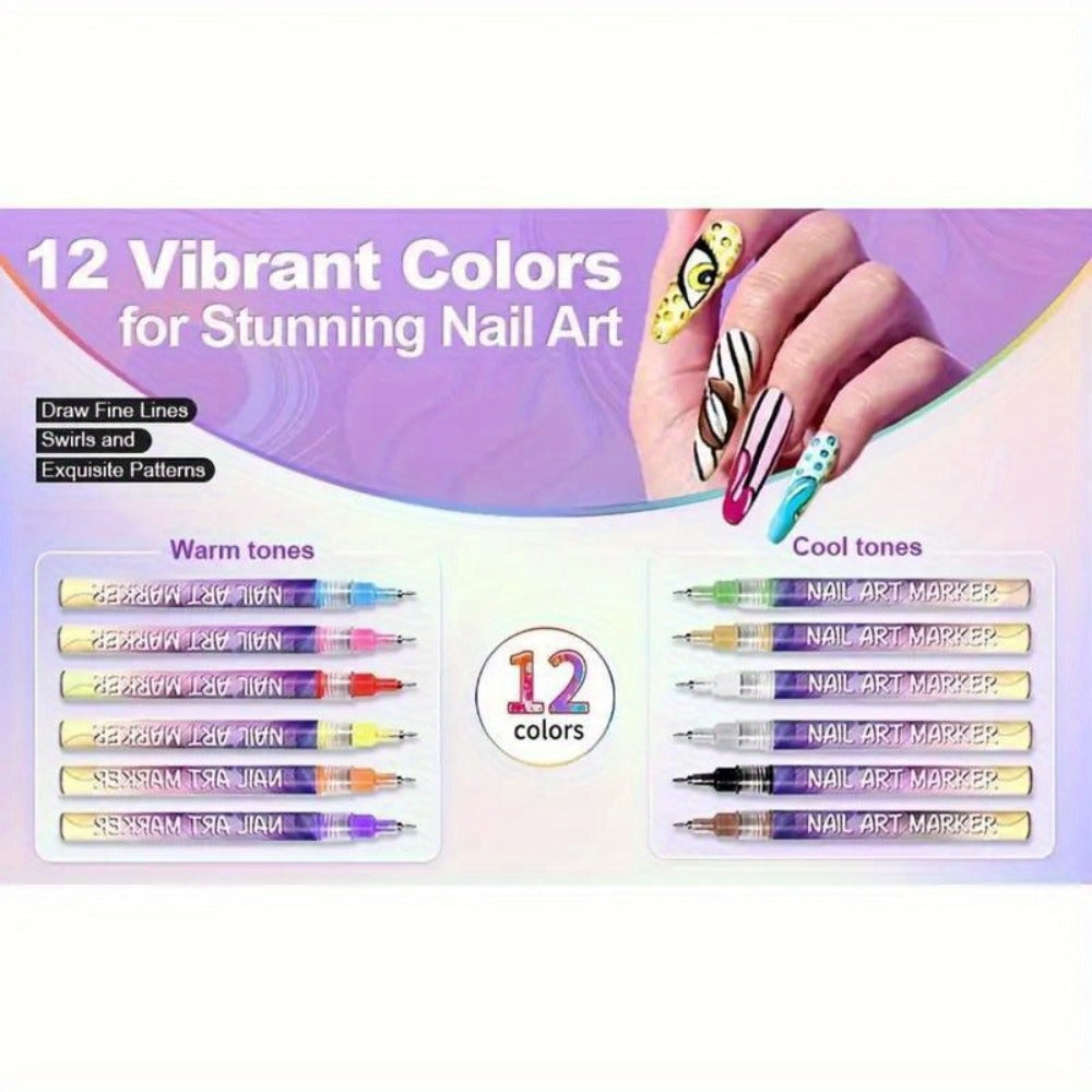 Metal Rod Nylon Brush Nail Art Pen Set 12 Colors – Acrylic Paint Pens for 3D Doodle Dot & Stitching Nail Design — image 8