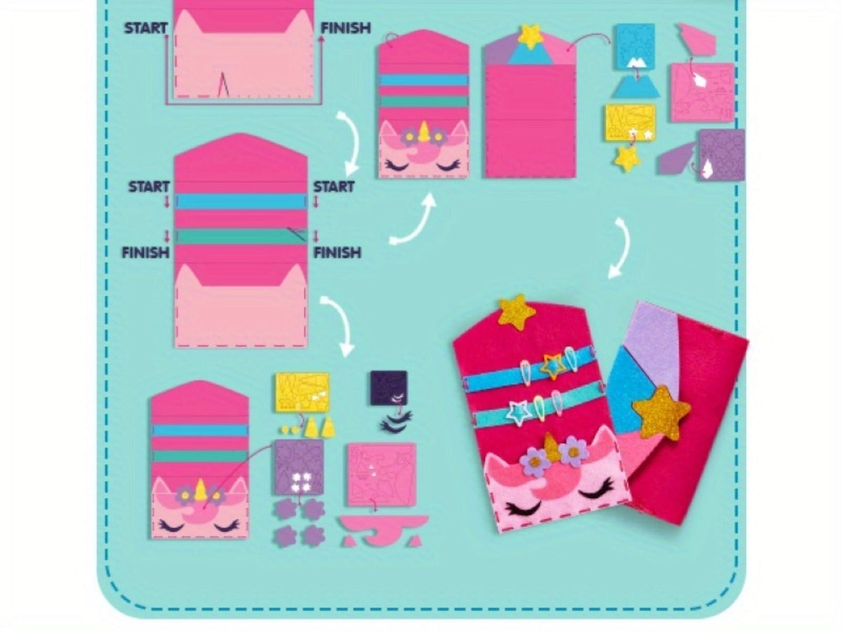 Kids Sewing Kit for Beginners 7 Felt Craft Projects, Pre-Punched Holes Safe Needles Mini Pillow Keychain Card Holder Cup Slee
