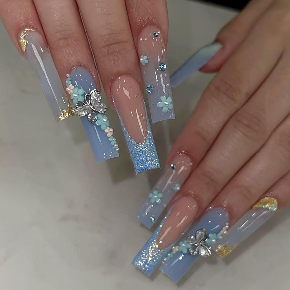 Press On Nails 96-Piece Long Ballerina Blue Gradient 3D Flower Butterfly Set with Four Bracelets — image 2
