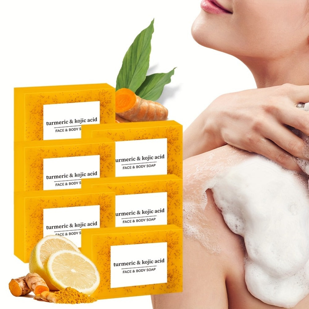 Handmade Turmeric Lemon Soap Bar Set Natural Exfoliating Face Body Cleansing Oil Control Alcohol Free with Lathering Screens 