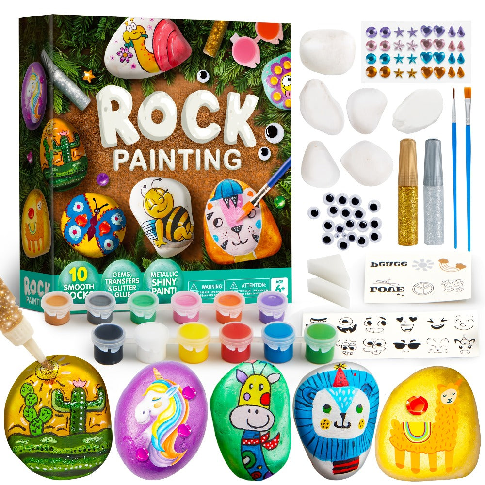 Rock Painting Craft Kit with 10 Stones, 16 Paint Colors, Brushes, Gems, Glitter and Stickers — image 1