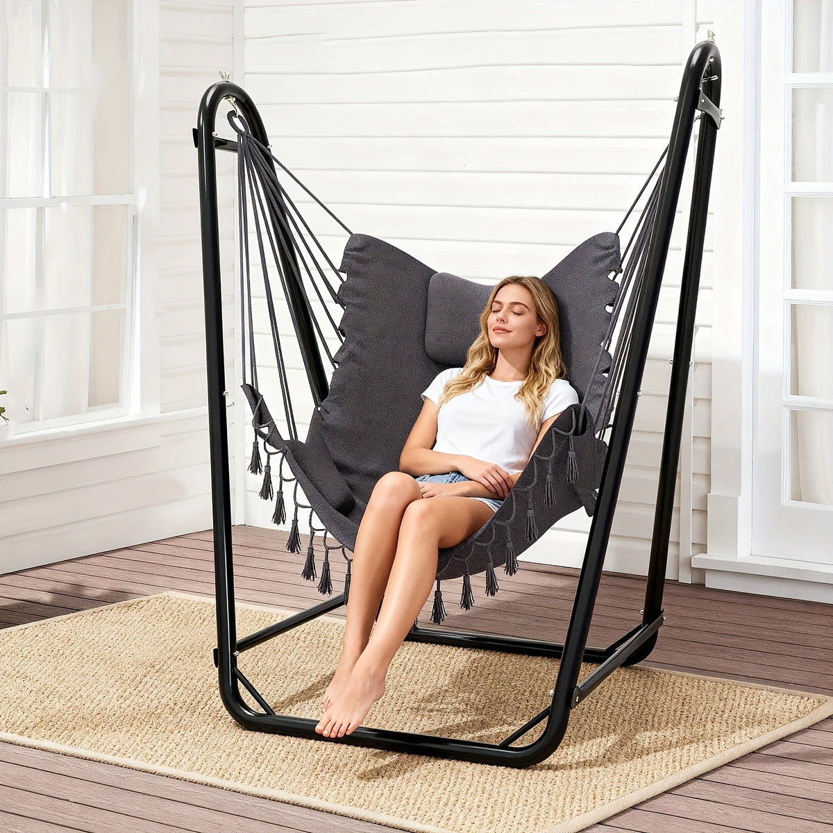 U-Shaped Hammock Chair Stand with Free Hanging Chair, Double Tube Steel Frame, Powder Coat, Side Pocket Included — image 3
