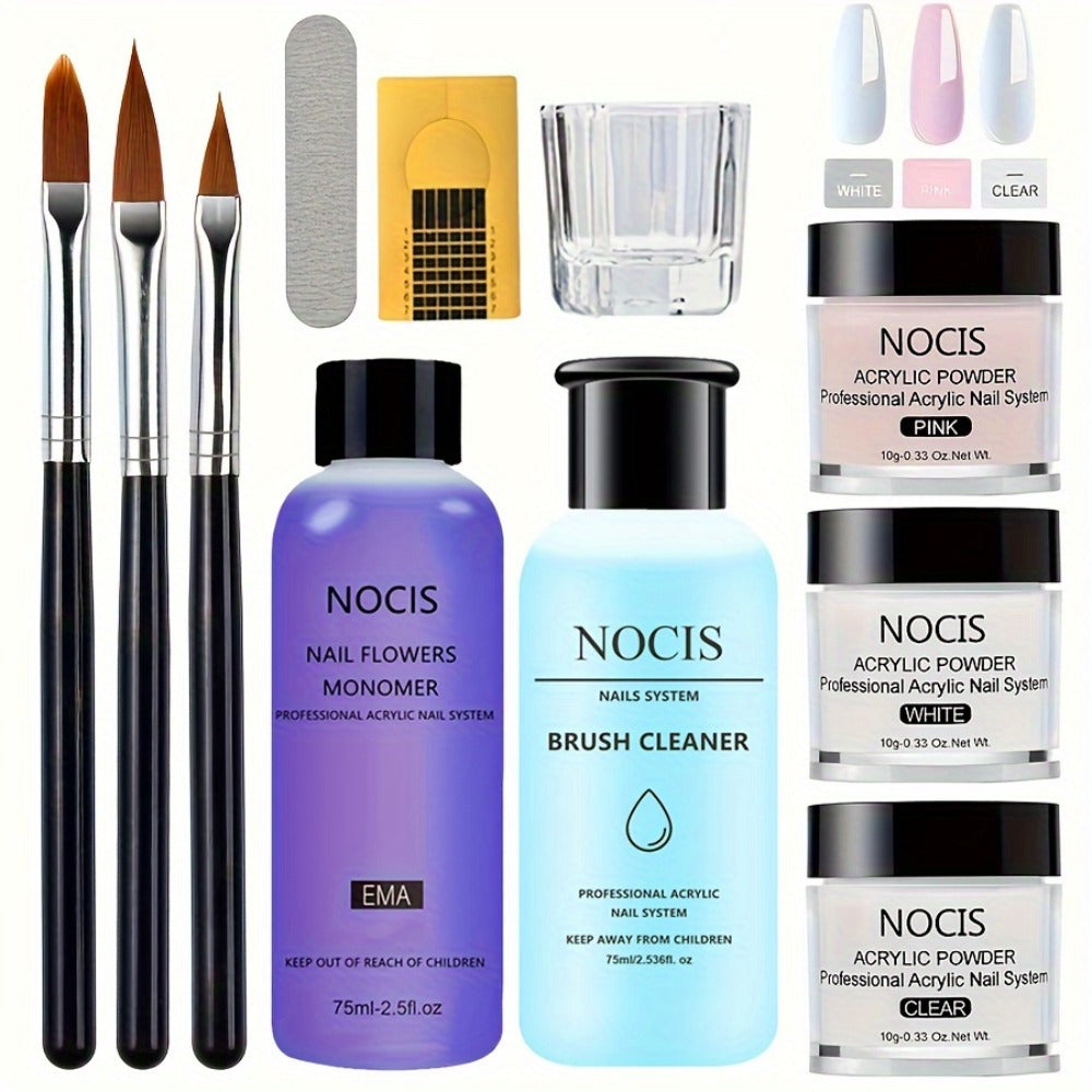Acrylic Nail Kit NOCIS Three-Color Powder Set with Liquid Monomer, Brush Cleaner, Four Brushes and Mixing Cup — image 1