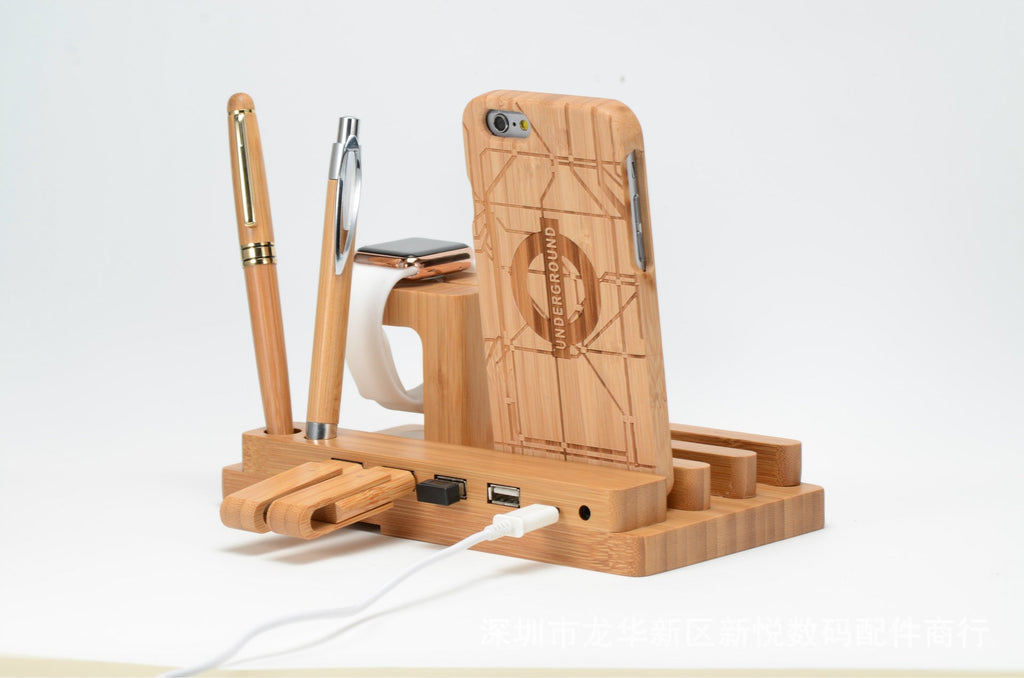 Bamboo Wood Phone & Apple Watch Charging Stand - Multi-Function Desktop Holder
