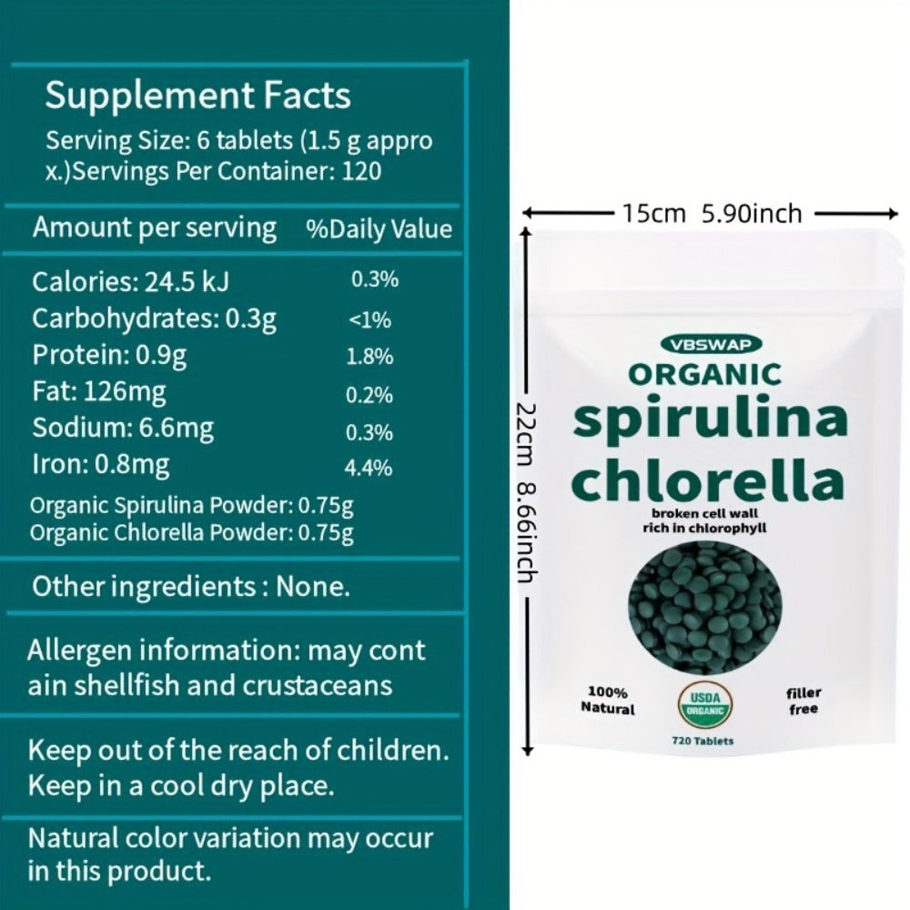 Organic Chlorella & Spirulina Tablets 720 Count, 4 Month Supply, 50/50 Superfood Blend, Cracked Cell Wall — image 2