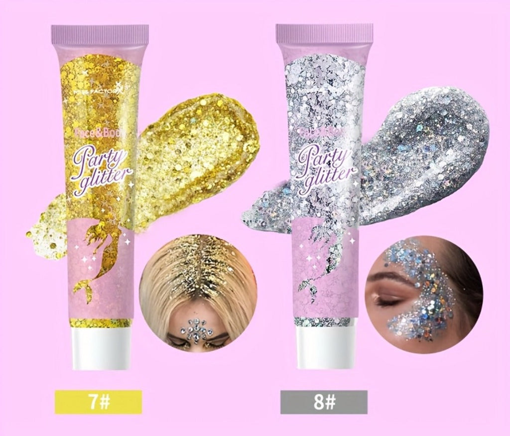 Face Body Glitter Gel Set 30 Pieces – Colorful Shapes Mermaid Sequin Stars Hearts, Transparent Gel Base, Skin-Safe Shimmer Ma
