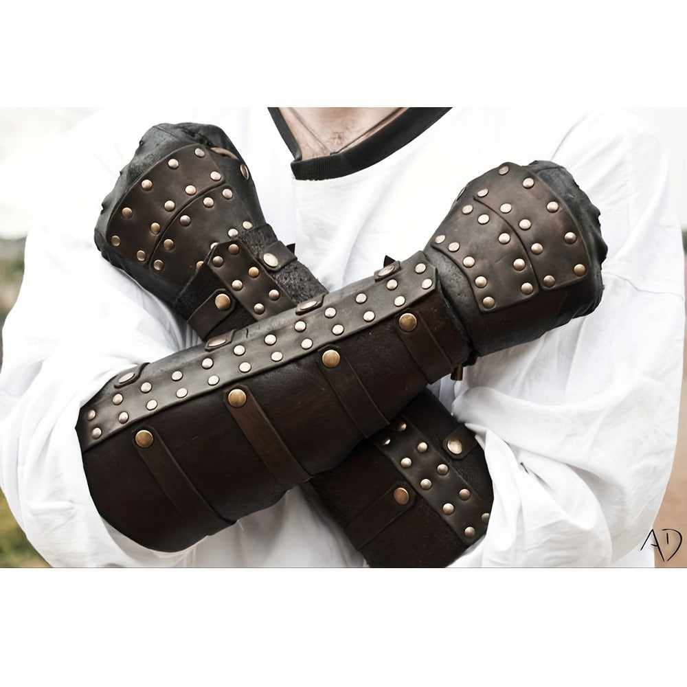 Riveted Costume Forearm Guard in Brown, Black or Coffee with Finger Loop and Buckled Strap Details — image 5