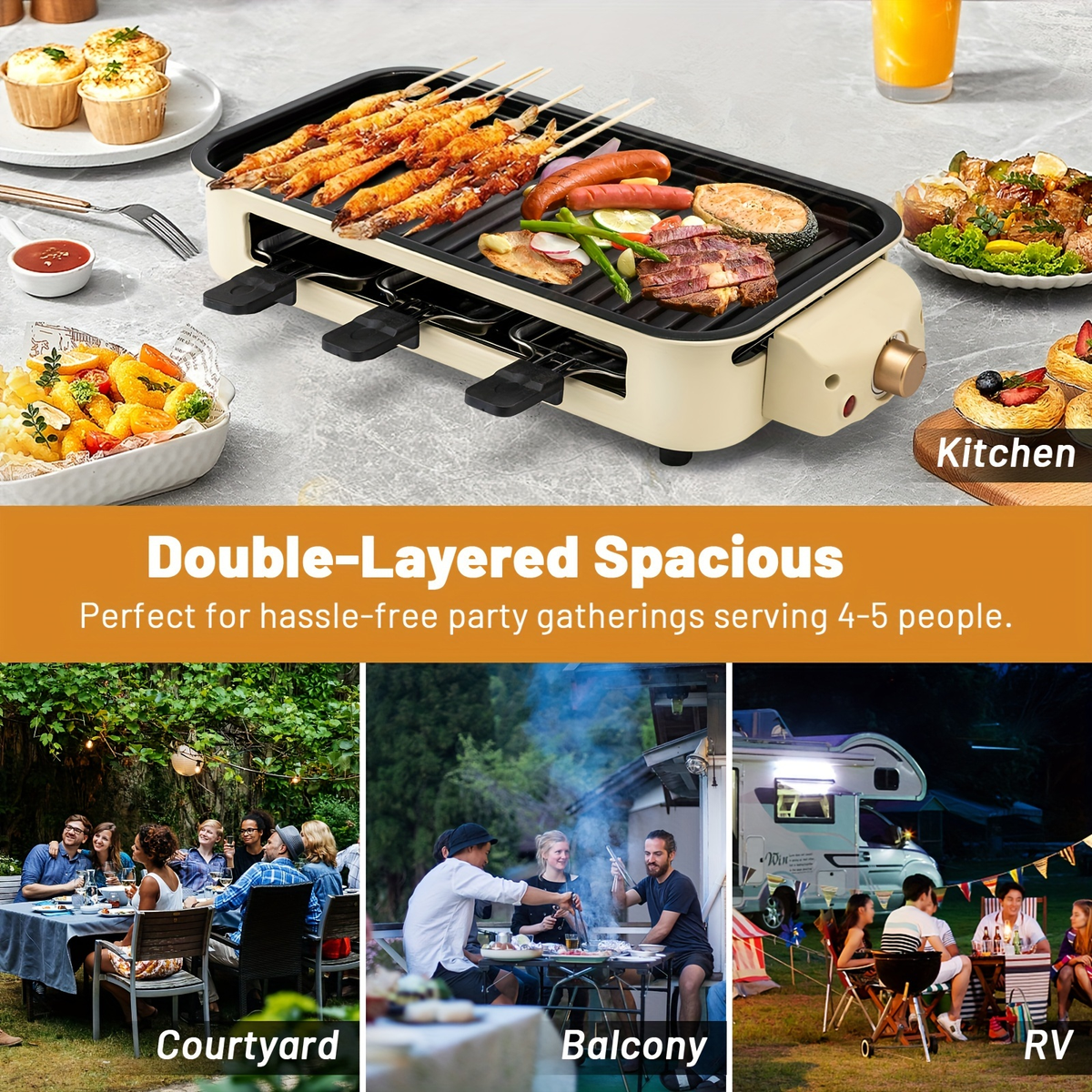 Indoor Electric Smokeless Grill 1700W with Raclette Pans, Non-Stick Plate, Portable Tabletop BBQ Griddle for Couples — image 