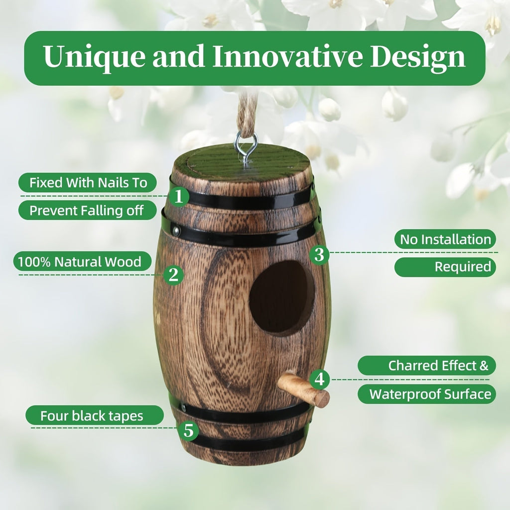 Hummingbird Nest Handcrafted Wood Vintage Barrel Hanging Outdoor Decor — image 3