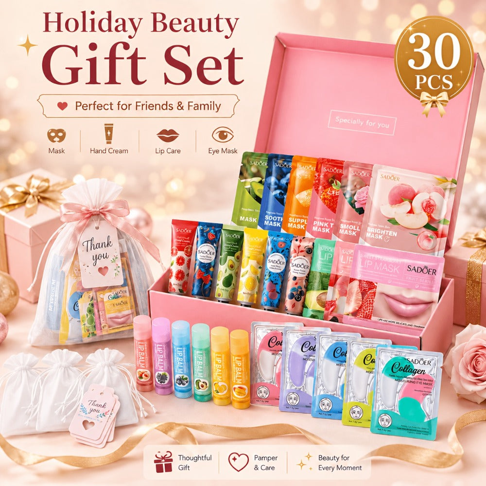 30-Piece Fruit-Themed Skincare Gift Set with Colorful Tubes, Mask Packets, Small Containers and Pink Zip Pouch — image 1