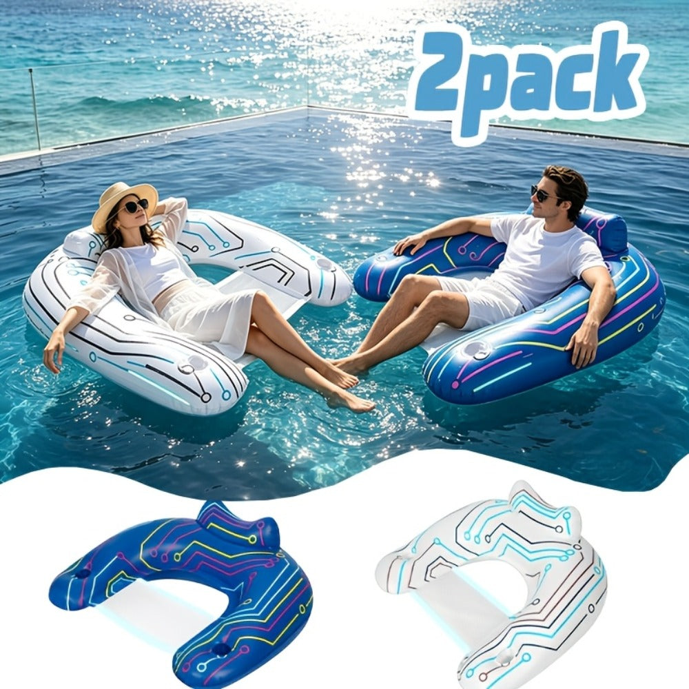 Pool Float U-Shaped Chair Two-Pack with Mesh Center, Headrest, Built-In Cup Holder and Graphic Trim — image 1