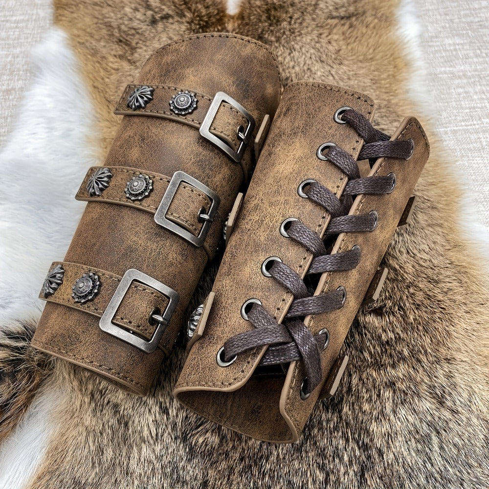 Viking Medieval Leather Arm Guards Bracers – PU Leather Knight Gauntlets Adjustable Metal Buckles Rivets for Men Women Hallow