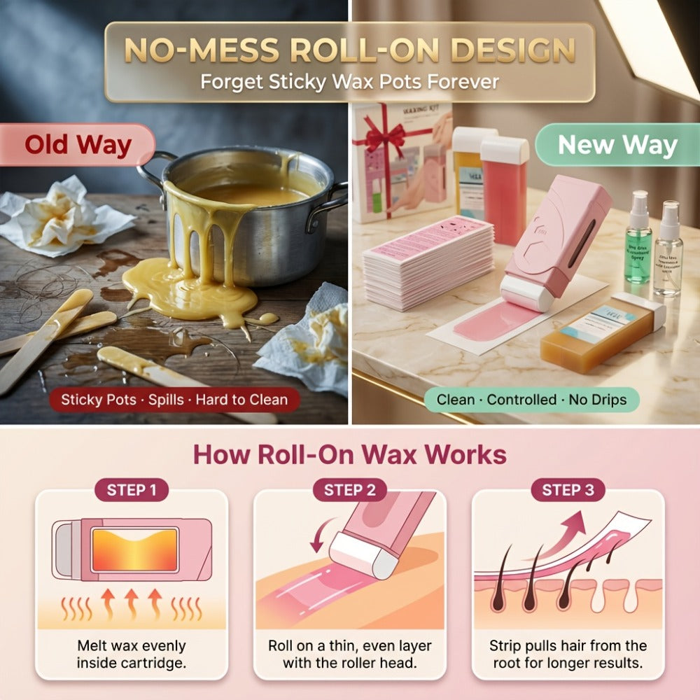 Roll On Wax Kit 105 Piece Complete Home Waxing Set – 2 Roll On Wax Rollers, Wax Warmer, 100 Waxing Strips, Lavender Oil & Pre