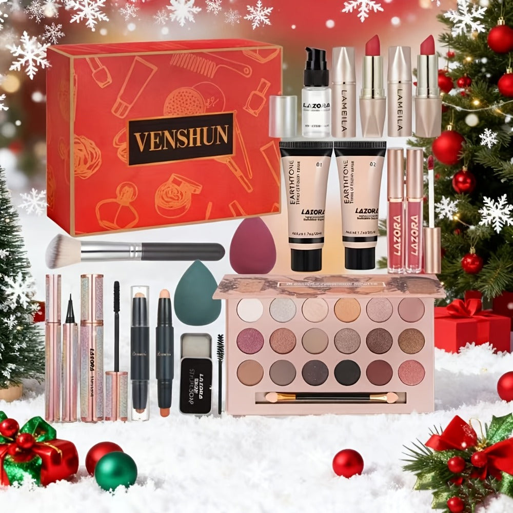 Makeup Kit with 18-Color Eyeshadow Palette, Face, Lip and Eye Cosmetics, Brushes and Tools in a Red Gift Box — image 10