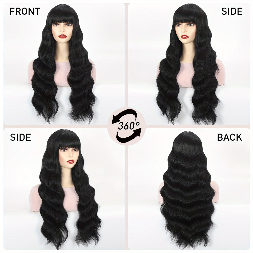 Synthetic Wig 28-Inch Black Body Waves with Bangs and Adjustable Buckle Net Cap for Daily and Party Styling — image 3