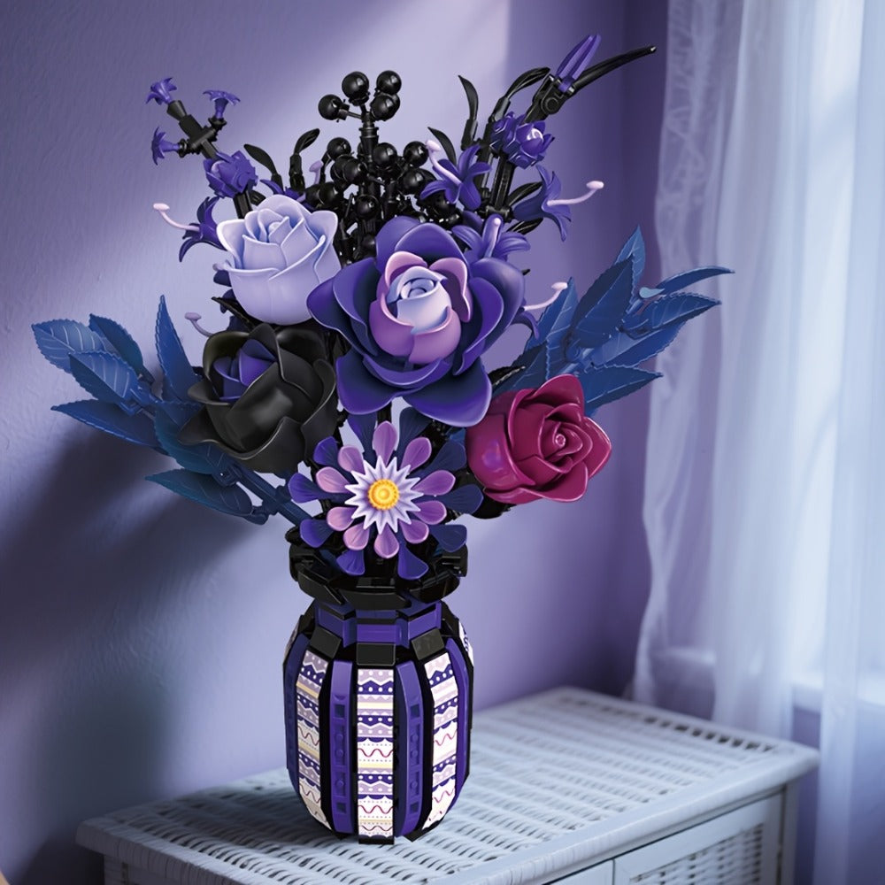 1218-Piece Gothic Flower Bouquet Building Block Model with Mixed-Color Blooms and Brick-Built Vase — image 1