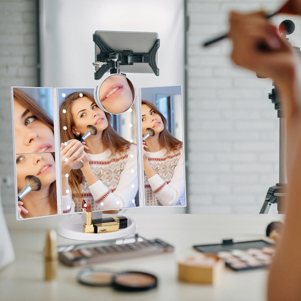 Trifold LED Vanity Mirror with 1X 2X 3X 10X Magnification Touch Screen Adjustable Brightness, for Makeup, Travel and Everyday