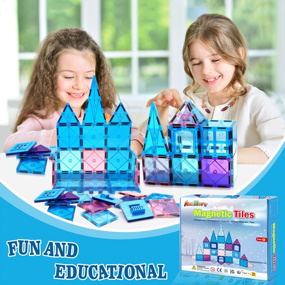 32-Piece Blue and Purple Magnetic Tile Castle Set with Squares, Triangles and Window Pieces — image 5