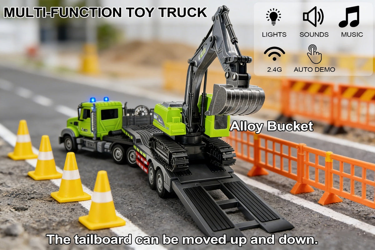 RC Semi Truck with Flatbed Trailer & Alloy Excavator Set 1:12 Scale, 11-Channel Dual Control, Sound & Lights — image 8