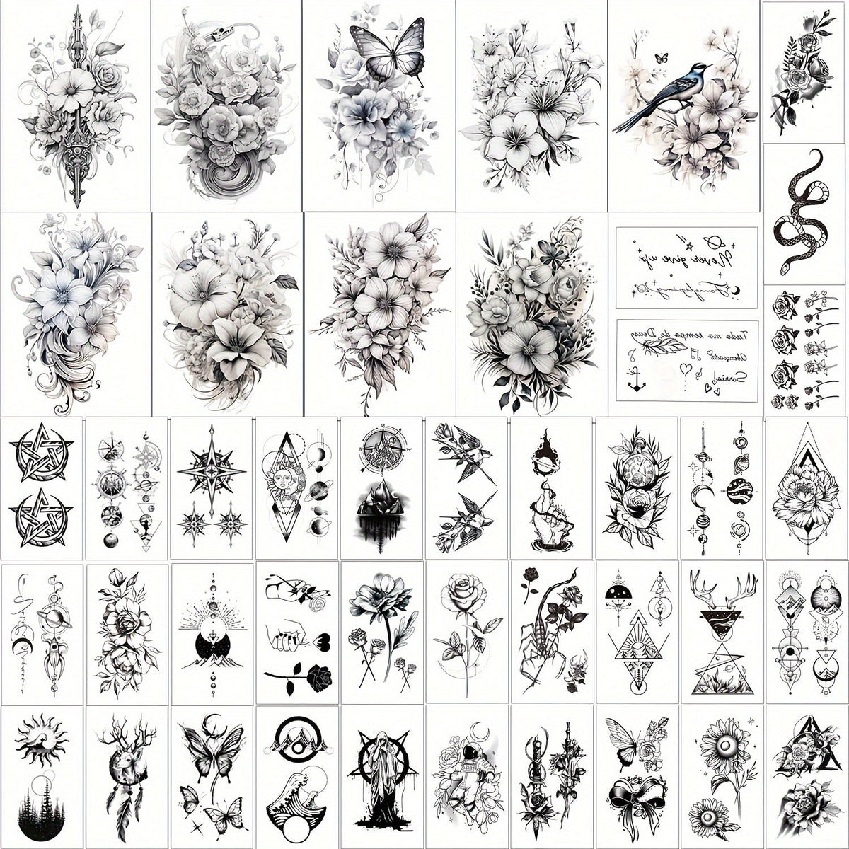 Temporary Tattoos GLARYYEARS 44-Sheet Black Floral, Butterfly and Snake Set with 9 Large and 35 Small Designs — image 1