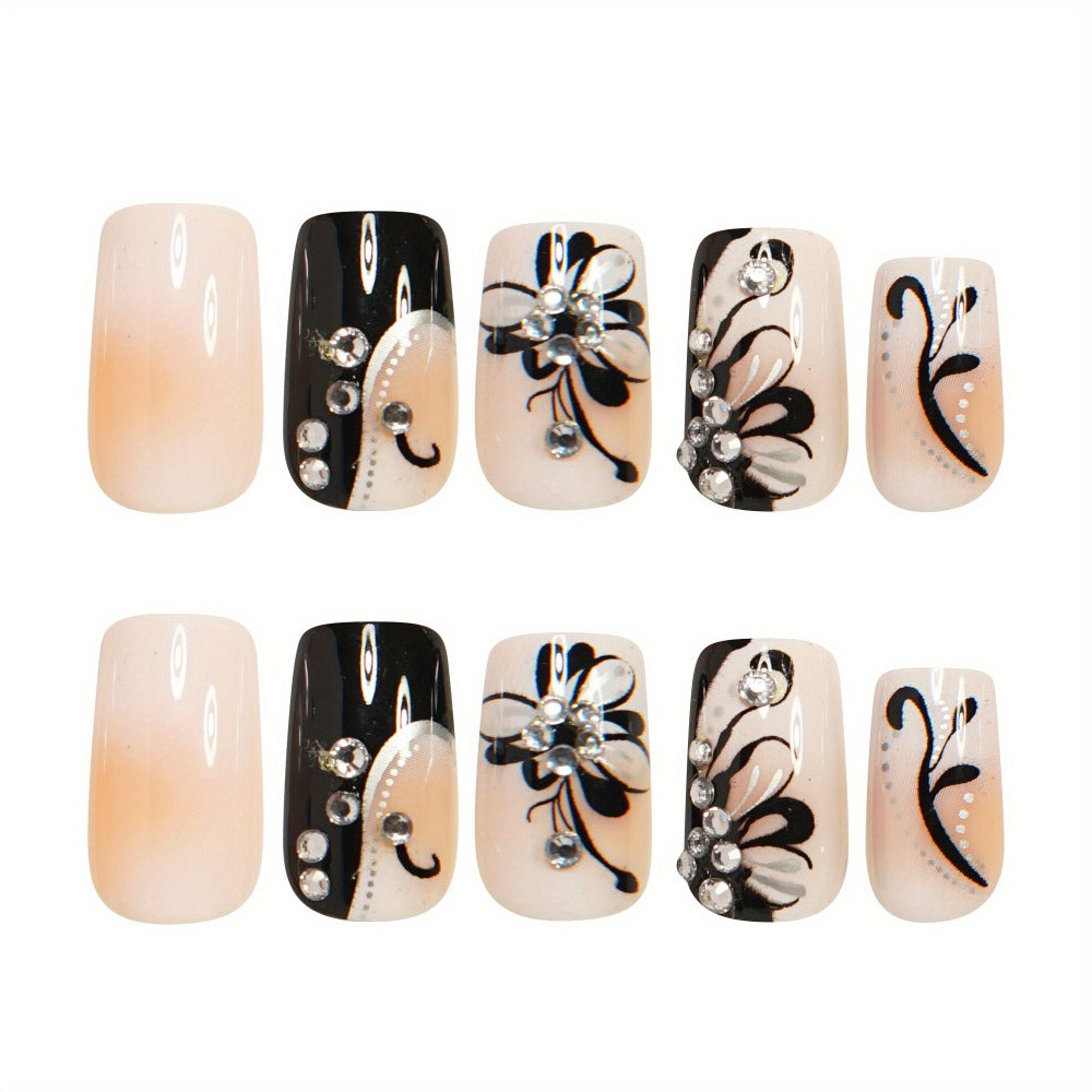 Press On Nails 48-Piece Medium Square Black and White Matte French Tip Butterfly Full-Cover Set — image 10