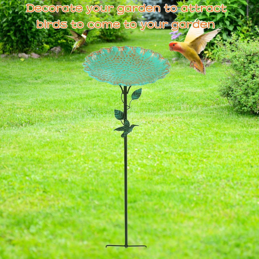 Green Sculpted Lotus-Leaf Bird Bath with 26 cm Bowl, 82 cm Ground Stake and Decorative Bird Perch — image 1
