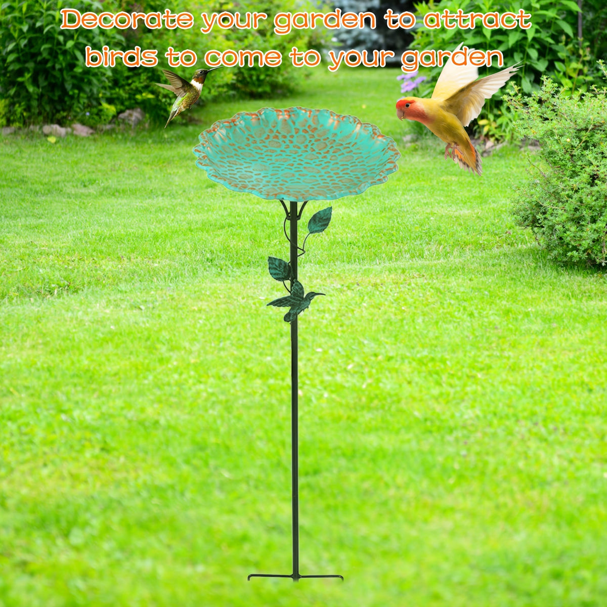 Green Sculpted Lotus-Leaf Bird Bath with 26 cm Bowl, 82 cm Ground Stake and Decorative Bird Perch — image 1