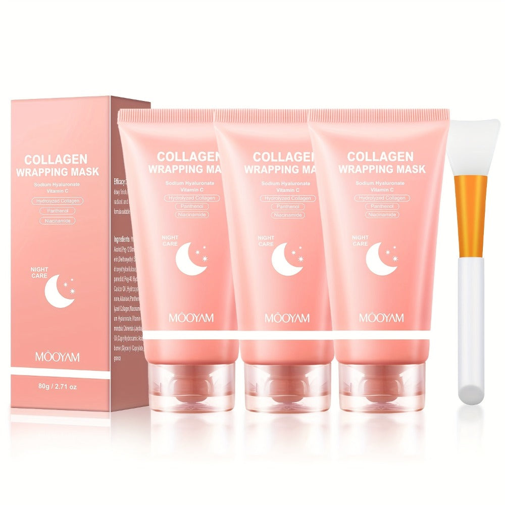 Hydrolyzed Collagen Night Mask with Brush – Niacinamide Hyaluronic Acid Vitamin C Korean Skincare Sleeping Mask for Elasticit