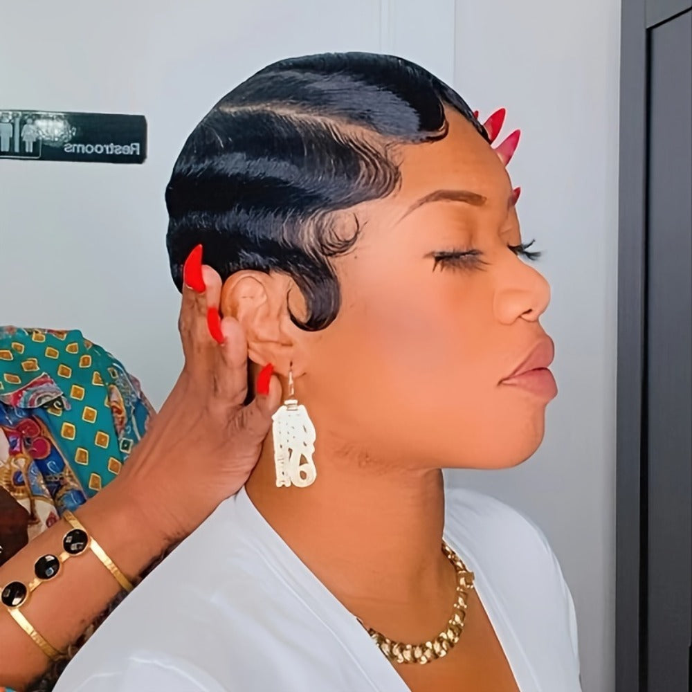 4-Inch Finger Wave Pixie Human Hair Wig with 180% Density, Rose Net Cap and 1B or 613 Color — image 8