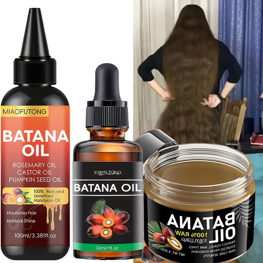 Three-Piece Batana Hair Care Kit with 3.38 oz Pointed Oil Bottle, Dropper and Cream Formats — image 1