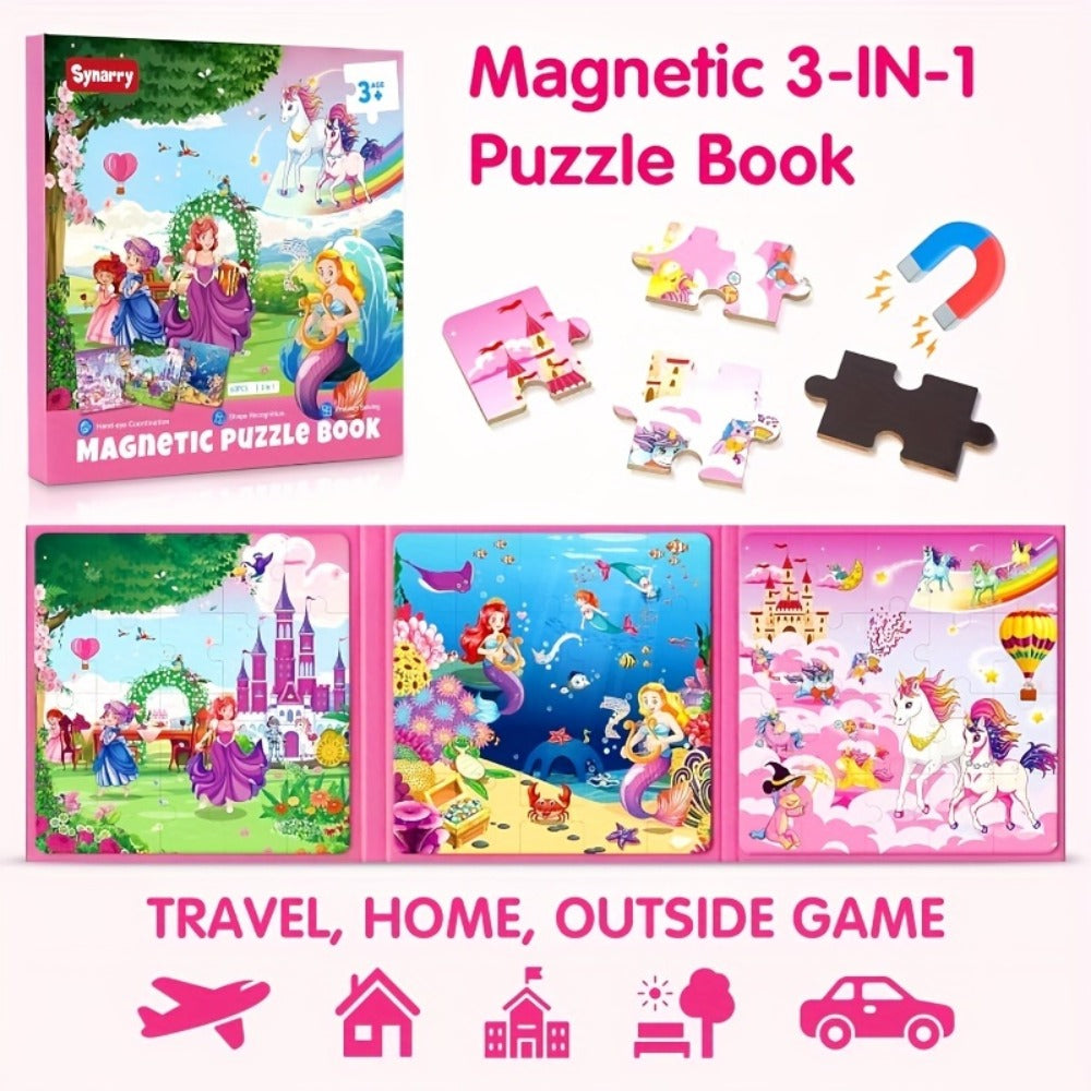 Magnetic Puzzle Book for Girls 3 4 5 6, 3-in-1 Unicorn Mermaid Princess Travel Puzzles, 20 Pieces Folding Magnetic Jigsaw for