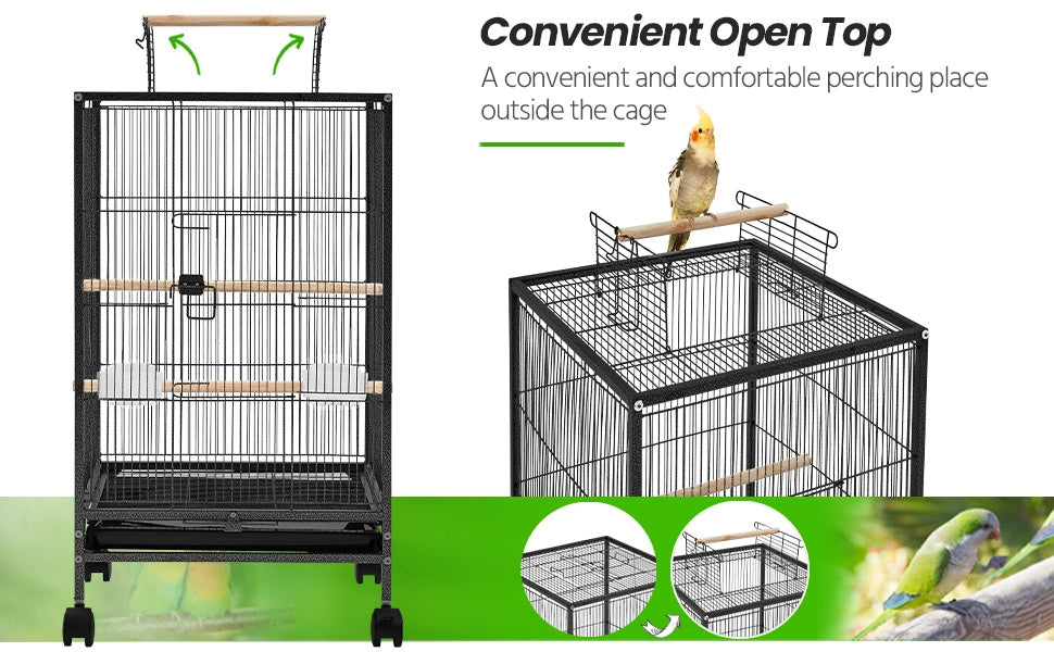 Bird Cage with Rolling Stand Open Top 31 Inch Wrought Iron Black – Slide Out Tray Feeder Doors, for Everyday Bird and Small A