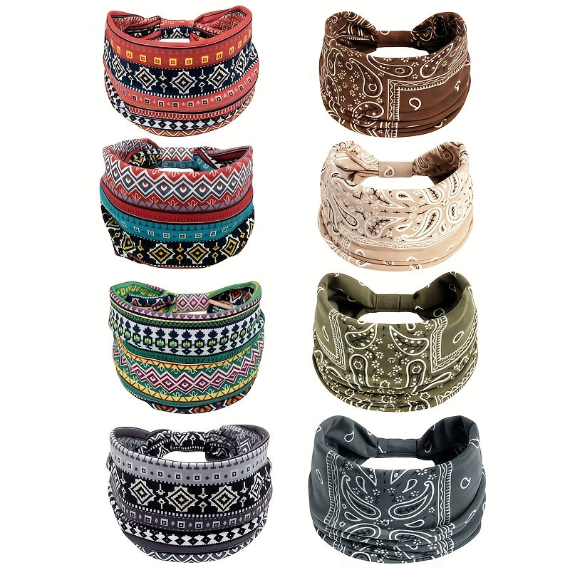 Floral Turban Headbands for Women 8 Pack Non-Slip Elastic Boho Knotted Wide Hair Wrap for Sports Yoga Running Workout Sweatba