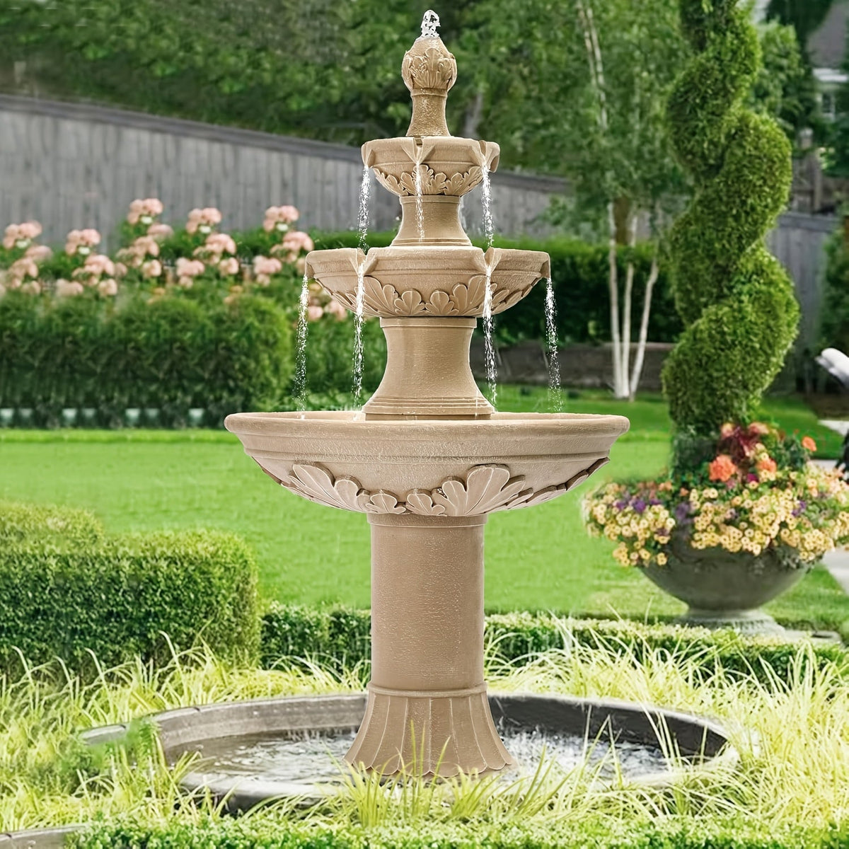 Outdoor Water Fountain 3-Tier 48.4" – Italian Cascading Garden Fountain with Carved Flowers, IPX5 Pump, Large Floor-Standing 