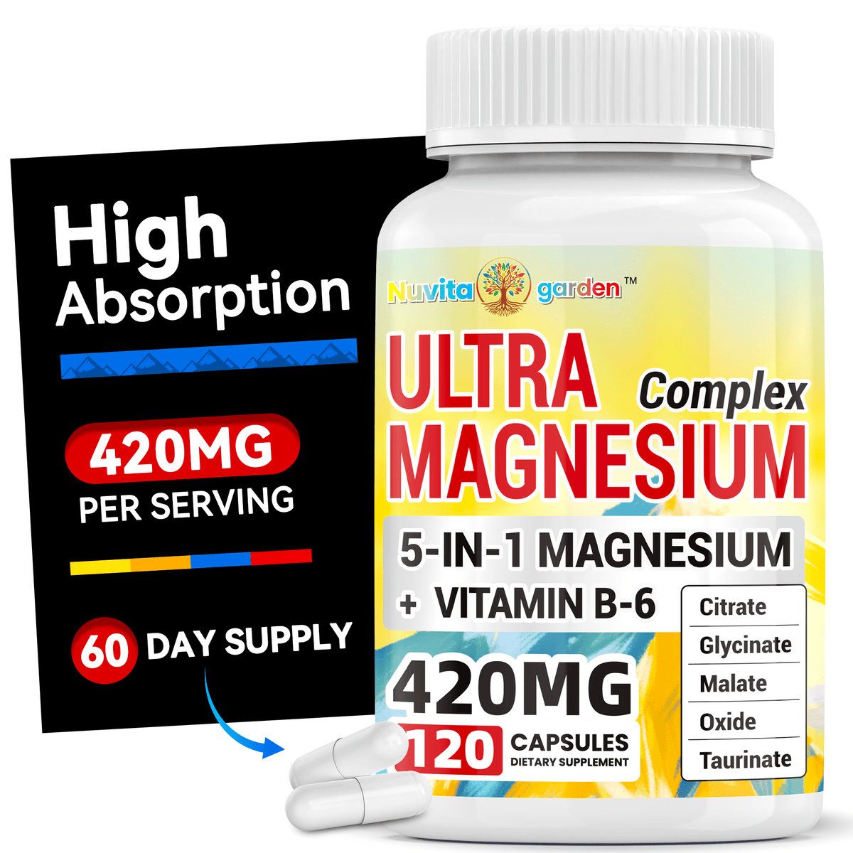 Magnesium Complex 420mg Capsules 120 Count with Vitamin B6 for Bath Time, Home Spa and Personal Care — image 7