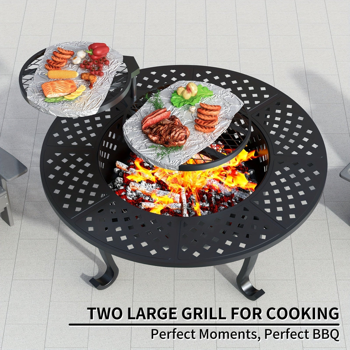 43-Inch Round Fire Pit Table with Two Cooking Grates, Center Lid, Perforated Bowl and Long Poker — image 3