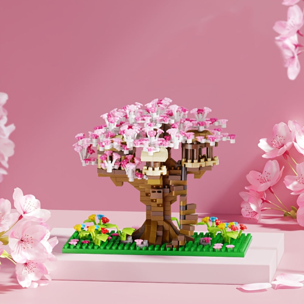 Building Block Set Cherry Blossom Tree House, 1020 or 2028 Micro Pieces with Pink Canopy and Base Display — image 6