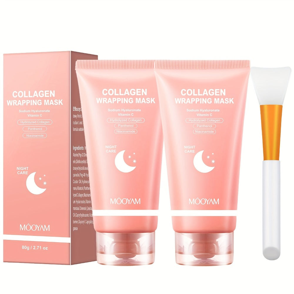 Hydrolyzed Collagen Night Mask with Brush – Niacinamide Hyaluronic Acid Vitamin C Korean Skincare Sleeping Mask for Elasticit